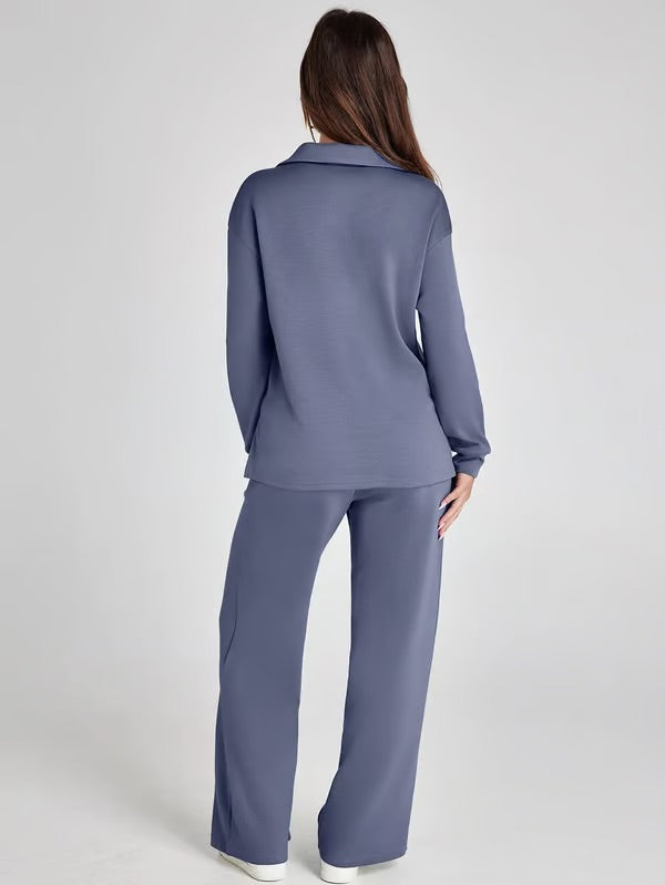 Aria – Women’s Two-Piece Set with V-Neck Sweatshirt & Wide-Leg Trousers