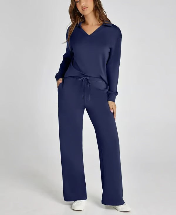 Aria – Women’s Two-Piece Set with V-Neck Sweatshirt & Wide-Leg Trousers