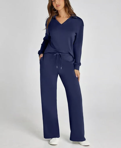 Aria – Women’s Two-Piece Set with V-Neck Sweatshirt & Wide-Leg Trousers