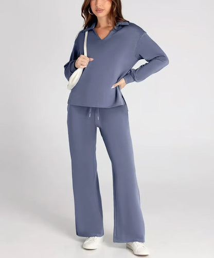 Aria – Women’s Two-Piece Set with V-Neck Sweatshirt & Wide-Leg Trousers