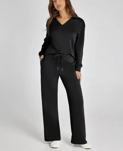 Aria – Women’s Two-Piece Set with V-Neck Sweatshirt & Wide-Leg Trousers