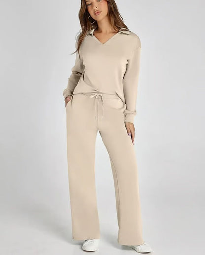 Aria – Women’s Two-Piece Set with V-Neck Sweatshirt & Wide-Leg Trousers