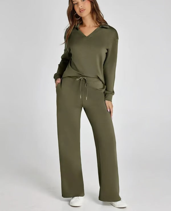 Aria – Women’s Two-Piece Set with V-Neck Sweatshirt & Wide-Leg Trousers