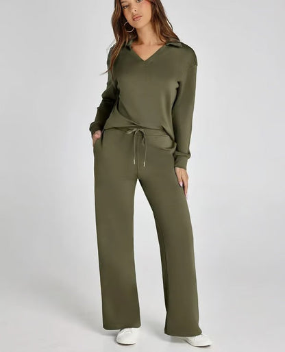 Aria – Women’s Two-Piece Set with V-Neck Sweatshirt & Wide-Leg Trousers