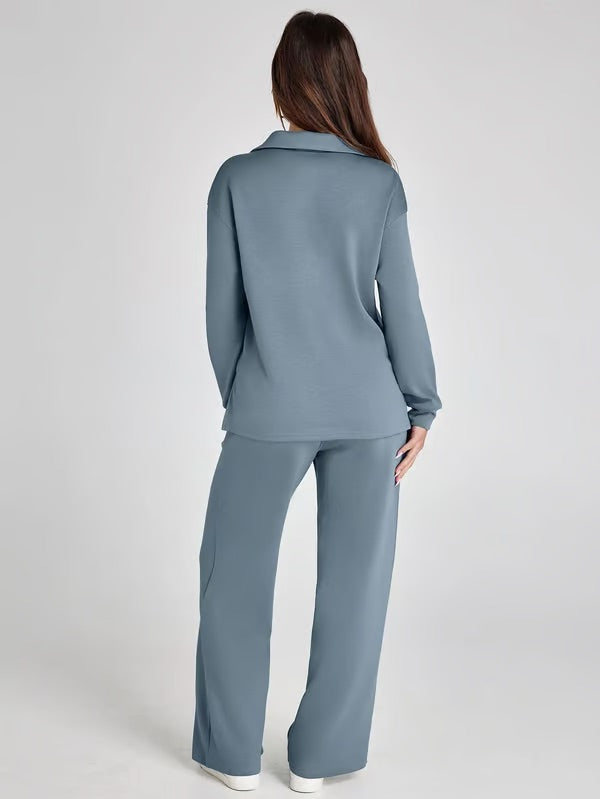 Aria – Women’s Two-Piece Set with V-Neck Sweatshirt & Wide-Leg Trousers