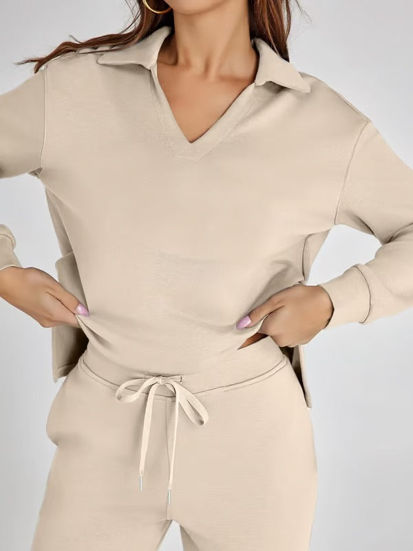 Aria – Women’s Two-Piece Set with V-Neck Sweatshirt & Wide-Leg Trousers