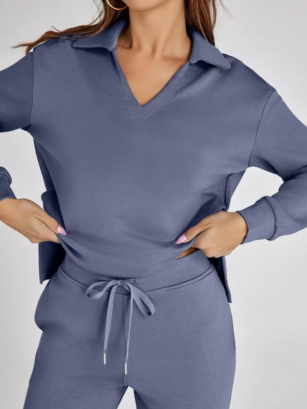 Aria – Women’s Two-Piece Set with V-Neck Sweatshirt & Wide-Leg Trousers