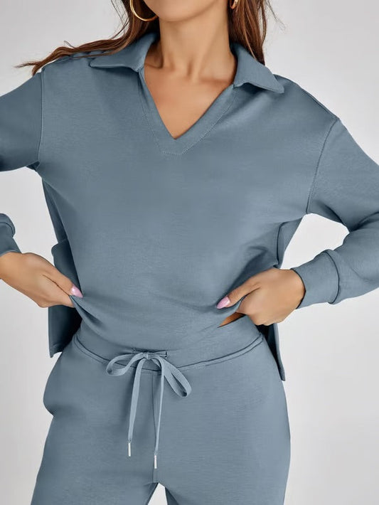 Aria – Women’s Two-Piece Set with V-Neck Sweatshirt & Wide-Leg Trousers