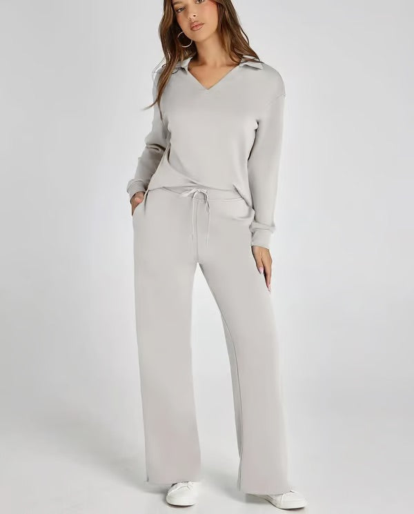 Aria – Women’s Two-Piece Set with V-Neck Sweatshirt & Wide-Leg Trousers