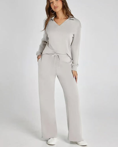 Aria – Women’s Two-Piece Set with V-Neck Sweatshirt & Wide-Leg Trousers