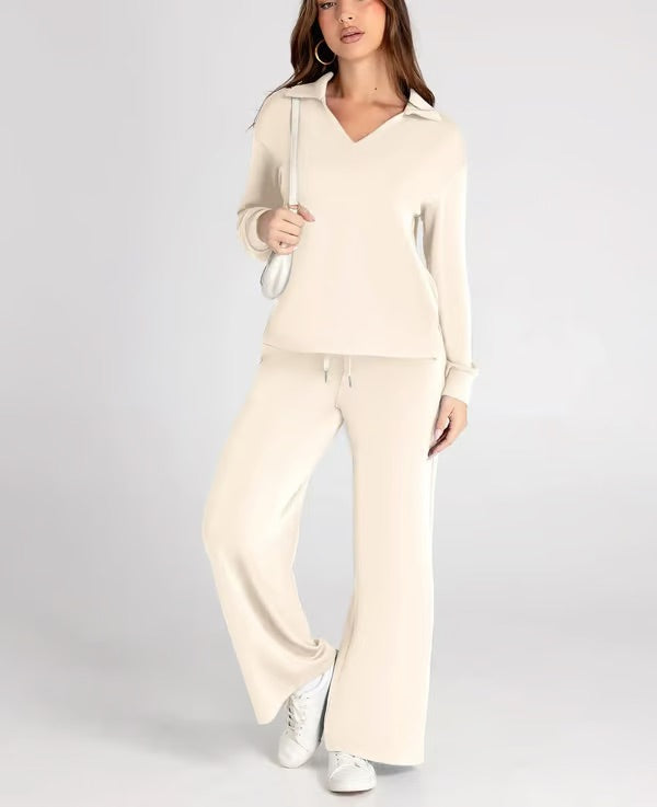 Aria – Women’s Two-Piece Set with V-Neck Sweatshirt & Wide-Leg Trousers