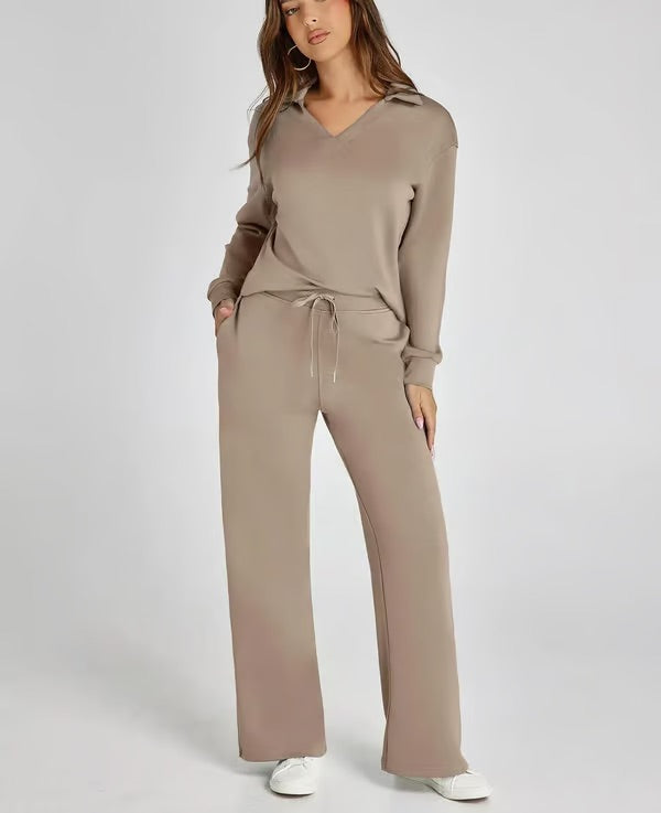 Aria – Women’s Two-Piece Set with V-Neck Sweatshirt & Wide-Leg Trousers