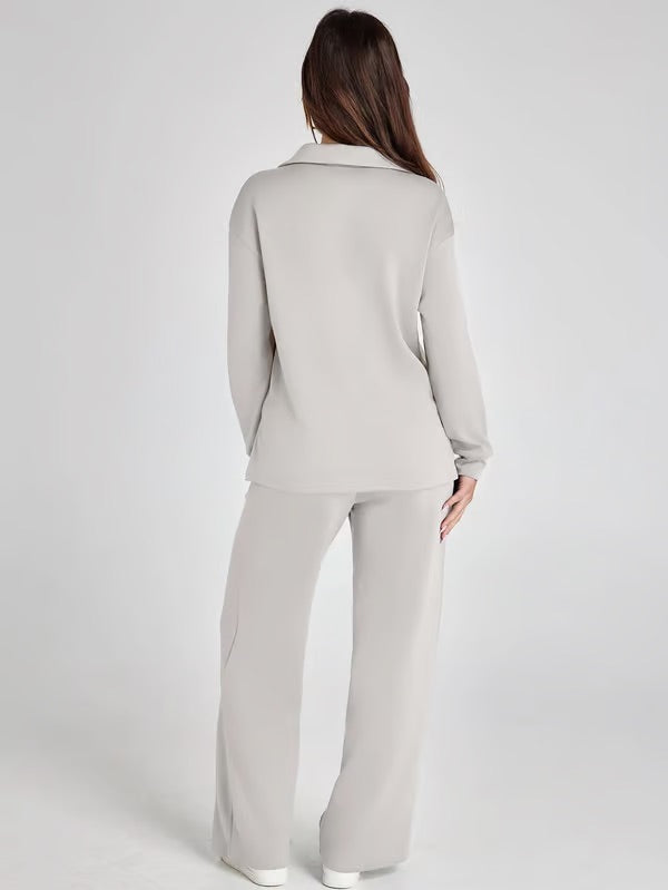 Aria – Women’s Two-Piece Set with V-Neck Sweatshirt & Wide-Leg Trousers