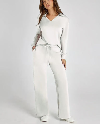 Aria – Women’s Two-Piece Set with V-Neck Sweatshirt & Wide-Leg Trousers